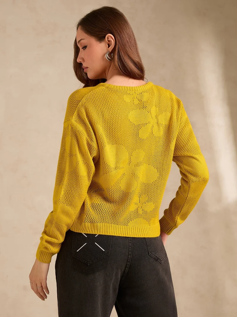 Outzidr Yellow Mustard Bold Floral Print Sweater for Women | Best Price UAE